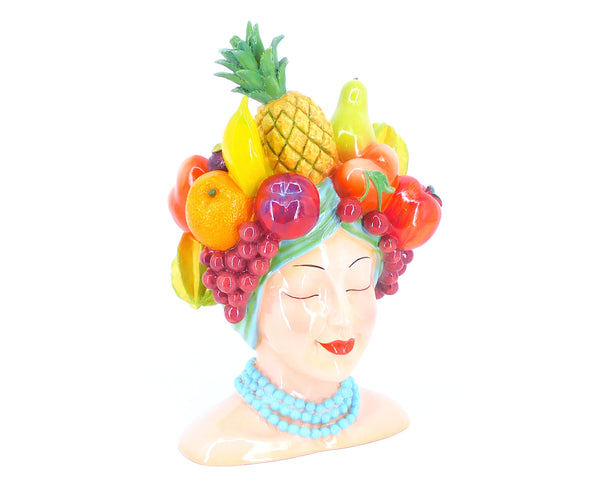 Testa di donna con frutta, portavaso in ceramica
