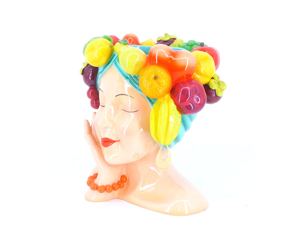 Testa di donna con frutta, portavaso in ceramica