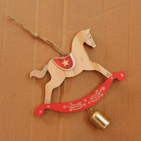 Addobbo Natale Cavallo dondolo con campanello, in legno.